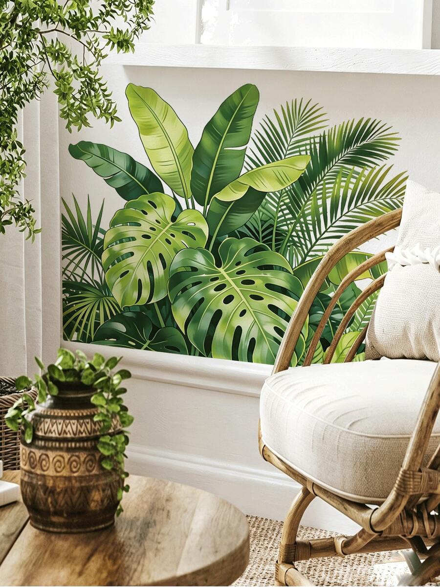 1pc Tropical Greenery Wall Sticker With Monstera And Palm Leaves, Removable Wall Decal For Bedroom, Living Room, Entryway Room Decor - 1PC - View 1