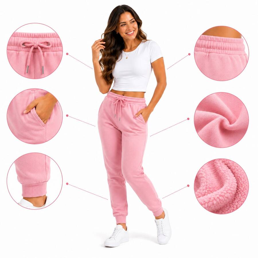 Thick Cotton Jogger Sweatpants With Pockets, Comfortable Style, Elastic Waistband. - 玫瑰紅 - 查看 1