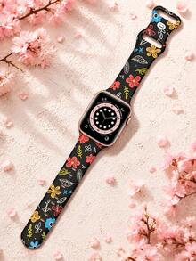 Bohemian Style Hand-Painted Floral Plant Print Silicone Watch Band, Compatible With Apple Watch 40mm 41mm 42mm 44mm 45mm 46mm 49mm Models, Fashion Sport Casual Waterproof With Rivet Buckle, Suitable For Apple Watch Series Ultra/11/10/9/8/7/6/5/4/SE, Men's And Women's Smartwatch Band, Versatile For Multiple Outfit Scenarios, Essential For Premium Style - UV003-multi-color - View 3