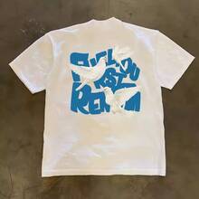 90Vintage Skateboard Bright Blue Graffiti Pigeon Letter Print On The Side Chest T Unisex Round-Neck Loose Casual Shirt Y2K Short Sleeve Top - White - View 2