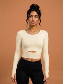 Never me Women's Sports T-Shirt Round Neck Thumb Hole Long Sleeve Top, Cropped Waist Tight Fit Base Layer - Apricot - View 8