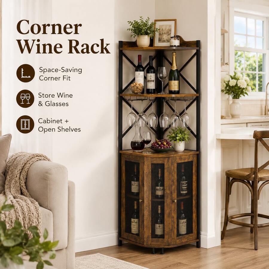 Wine Cabinet Freestanding With Storage, Home Bar Wine Rack For Red Wine, Kitchen & Dining Room Furniture, Living Room Liquor Display Organizer – Brown - Brown - View 1