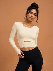 Never me Women's Sports T-Shirt Round Neck Thumb Hole Long Sleeve Top, Cropped Waist Tight Fit Base Layer - Apricot - View 4