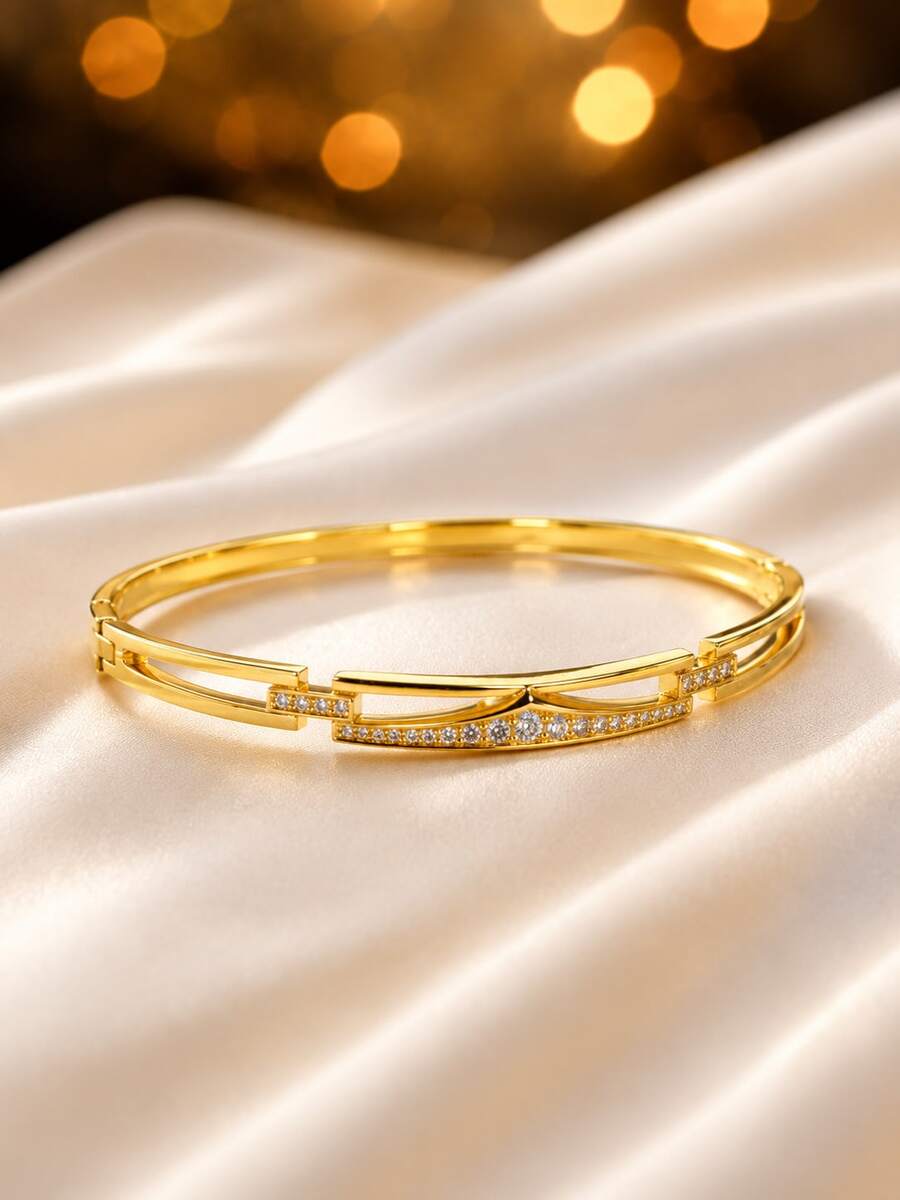 1pc Women's Exquisite Double-Layer Hollow Bracelet, Luxury Rhinestone Inlaid Thin Bangle, Niche Design Versatile Hand Accessory For Daily Commute - Bracelet - View 1