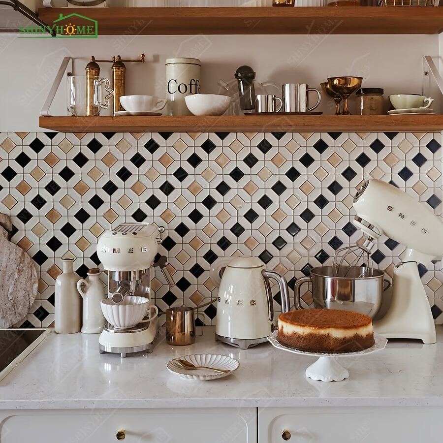 shiny home 10 Sheets Peel And Stick Backsplash For Kitchen - 30.48cm X 30.48cm 3D Geometric Mosaic Tiles - Black, White & Beige Interlocking Pattern - Waterproof Self-Adhesive Vinyl Wall Stickers For Bathroom & RV Vanity - White - View 1