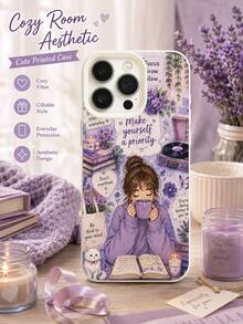 1PC Lavender Purple Watercolor Cozy Girl Reading White Cat Phone Case Compatible With Iphone 17 16 15 14 13 12 11 Pro Max, Positive Self Care Inspirational Quotes Floral Record Player Book Candle Shockproof Soft Phone Shell - Beige - View 4
