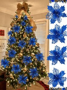 16/8/1pc Artificial Glitter Christmas Flower Decoration Set, Blue Artificial Christmas Flower Decor, Artificial Christmas Tree Decoration, DIY Christmas Wreath, Christmas Party, Christmas Tree Decoration, Suitable For Wreath Decoration, Wedding - Blue Hollow Flower - View 3