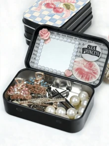Lemon Cherry Bow Pattern Rectangular Hinged Metal Box, Fresh Artistic Print DIY Mini Portable Storage Box, Compact Storage Container And Mini Foldable Metal Box, Perfect For Storing Jewelry, Pills, Sewing Supplies And Other Small Items, Gift For Family And Friends, Back To School Essential - Multicolor - View 2