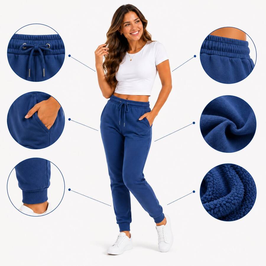 Thick Cotton Jogger Sweatpants With Pockets, Comfortable Style, Elastic Waistband. - 藏蓝色 - 查看 1
