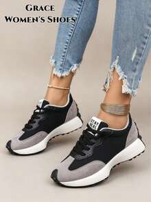 Women's Lightweight Running Athletic Shoes, Lace-Up Closure, Multi-Function Flat Sole, Breathable Stitching Design, Multiple Colors Available, All-Season Outdoor Shoes - Black - View 6