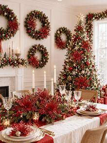 16pcs Artificial Glitter Christmas Flower Decor, Artificial Christmas Flower Decorations, Artificial Christmas Tree Decor, DIY Christmas Wreath, Christmas Party, Christmas Tree Decorations, Suitable For Wreath Decoration, Wedding, Party Decor - Red Hollow Flower - View 6