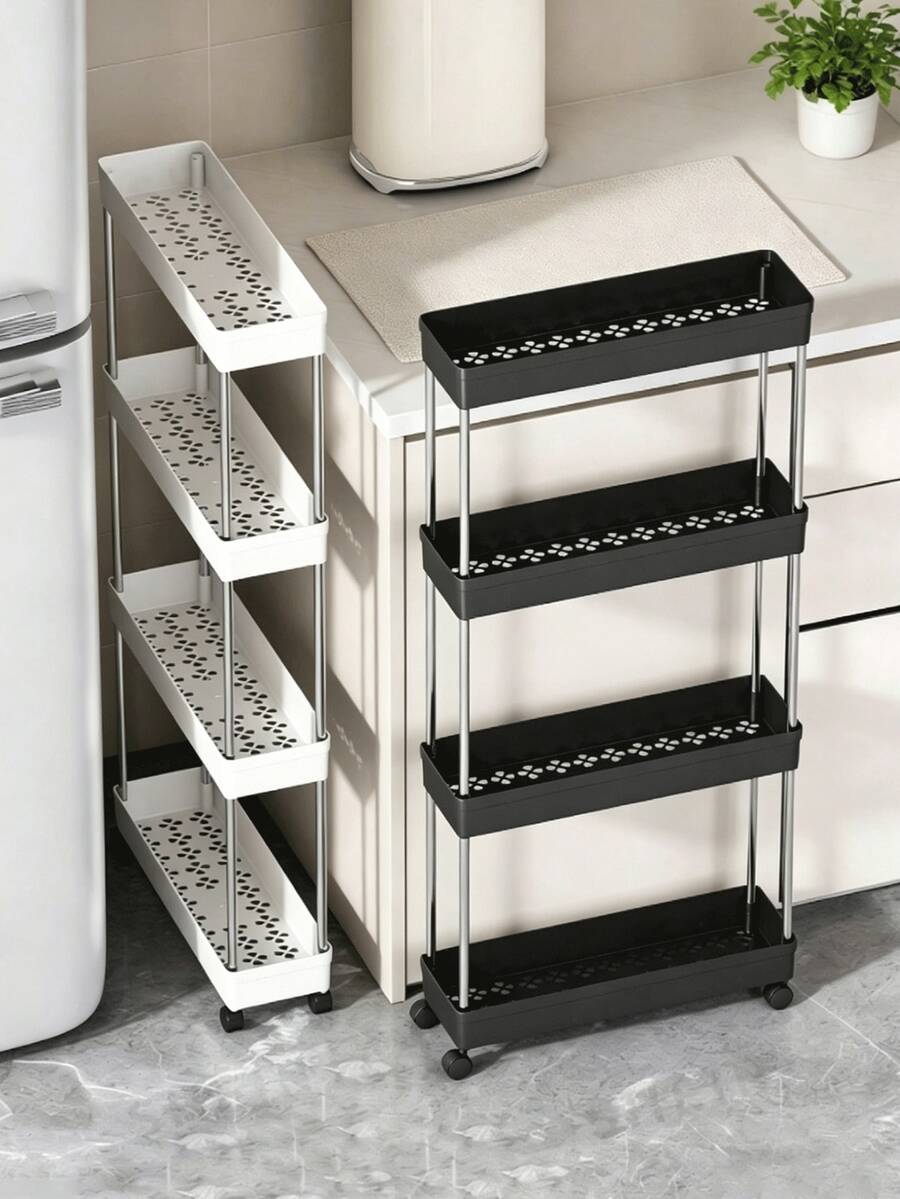 2/3/4-Tier Portable Storage Cart, Suitable For Narrow Spaces, 13cm Wide, Hollow Drainage Design, With Movable Casters, Metal Tube Mobile Kitchen Storage Rack, Room Decor Storage Rack, Kitchen Essentials