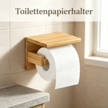 Bamboo Toilet Roll Holder With Wall-Mounted Large Shelf, Multi-Use Paper Rack For Bathroom . - Natural Wood Color - View 1