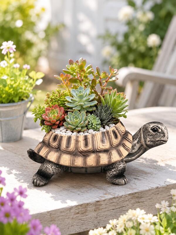 Cute Turtle Succulent Planter, Resin Animal Flower Pot, Small Cactus Stand, Indoor Outdoor Garden Decor, Desktop Plant Pot, Balcony Yard Decoration, Housewarming Gift For Plant Lovers, Home Office Desktop Decor