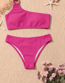 Biquíni Feminino Um Ombro Só com Fivela Costurada e Design Moderno - Pink - Visão 6