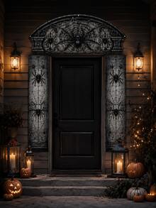 3Pcs Spider Web & Black Spider Halloween Door Frame Banner Set, Gothic Polyester Printed Arch Top Banner And 2 Side Panels With Grey Cobweb Patterns For Front Door, Porch, Entryway, Haunted House, Indoor Outdoor Party Decorations - E - View 7