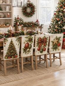 4pcs Christmas Tree Ball & Bow Print Chair Back Covers, Vintage Holiday Dining Chair Back Covers, Suitable For Dining Room, Kitchen, Home Gatherings And Christmas Decoration - Multicolor - View 6