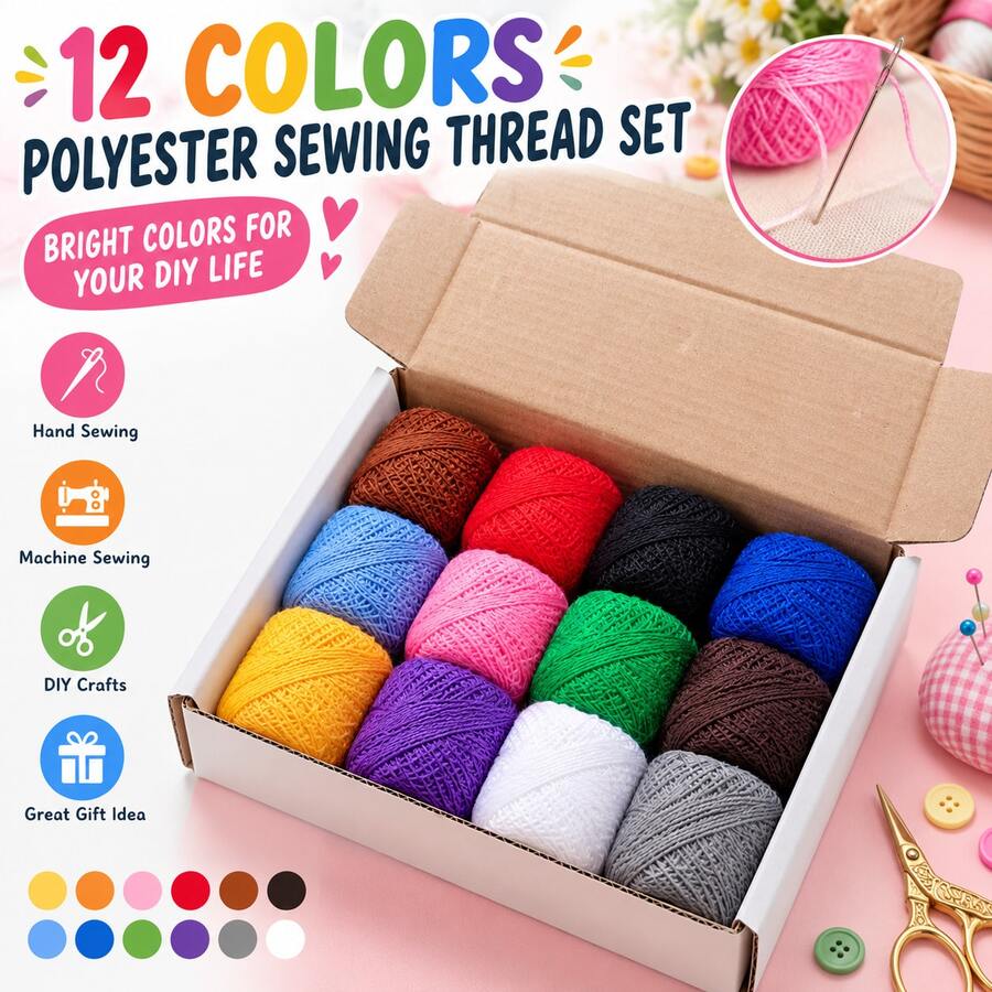 Juego de 12 bolas de hilo de poliéster para coser, hilo multicolor brillante para costura a mano y a máquina, reparación de ropa, bordado, manualidades DIY y regalo - Hilo de poliéster de 12 colores - Ver 1