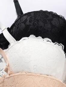 3pcs Women's Fashion Floral Lace Underwire Bras, Push-Up Thick Padded Side Support, Comfortable T-Shirt Bra, Adjustable Spaghetti Strap, Suitable For Daily Autumn Wear - Multicolor - View 11