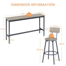 Long Bar Table With 3 PU Padded Bar Stools, Industrial Bar Table And Chairs For Kitchen, Breakfast Room, Living Room, Banquet Hall, In Rustic Brown And Black Tones. - Grey - View 5