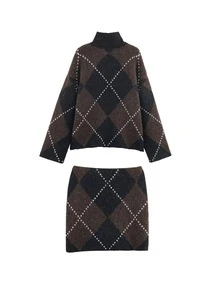 HZXVIC Women's Fashion Autumn New Collection Retro Elegant Diamond Grid High Collar Sweater Skirt Set Fall - Brown - View 9