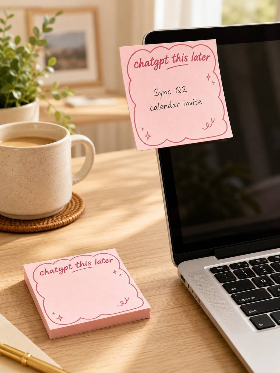 OBOVAY Notas adhesivas divertidas "Hablar talla grande tarde" en rosa, adecuadas para oficina tecnológica, cuaderno con tema de IA con bordes curvos rosas y sistema de etiquetas, papel de eficiencia para estudiantes, 50 hojas/libro