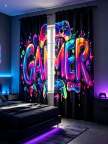 2PCS Game Curtains, Colorful Gamer Game Controller Pattern Rod Pocket Window Drapes, Modern Gaming Style Window Curtains For Bedroom Game Room Home DecorPolyester Rod Pocket Drapes For Living Room, Bedroom,160gsm - Multicolor - View 7