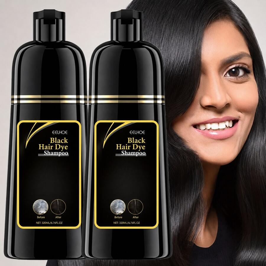 EELHOE 2PCS-500ML-Natural Herbal Hair Dye Shampoo -- 3-In-1 Rapid Hair, Nourishing, Cleansing & Moisturising, Smoothing Black Hair Coloring Shampoo For Women Men - 黑色 - 查看 1