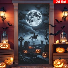 2D Flat Halloween Cemetery Moonlit Night Door Curtain, Dark Style Cemetery Scene With Skeleton Knight, Glowing Pumpkin Lantern And Full Moon Elements, Durable Polyester, No Power Required, Suitable For Halloween Party Decoration, Can Be Used For Indoor/Outdoor Wall, Door/Window Decoration, Haunted House, Home, Studio, Outdoor Scenes, Holiday Atmosphere Setup, Polyester Material, No Power Required - 1PC - View 5