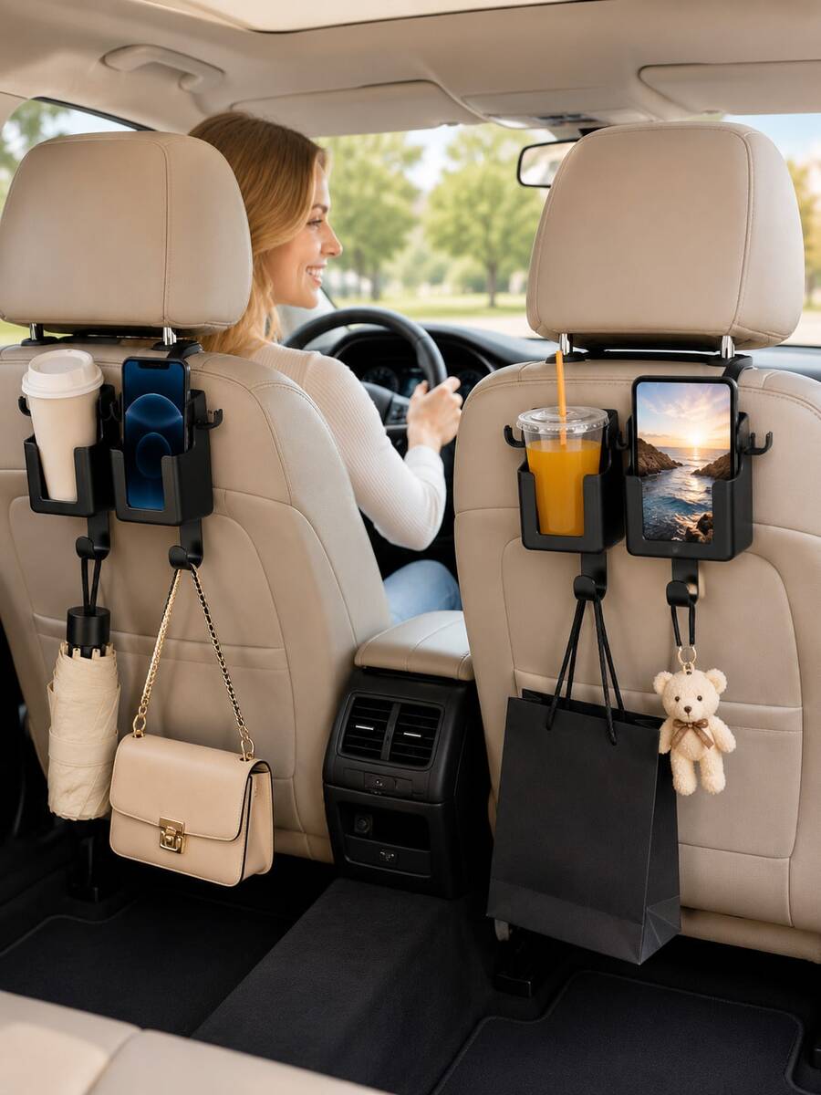 1/2/4pcs Multifunctional Car Seat Back Storage Hook, Built-In Cup Holder, Phone Slot And Dual Hooks, Easy Installation, Suitable For Storing Water Bottles, Coffee Cups, Bags, Wallets And Various Small Items, Car Accessories