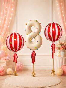 Cream White Number Decorative Balloon Set, 4D Red Striped Foil Balloons With Gold Star Foil Balloons, Felt Balls (Random Color), Includes Ribbon - Milky White - View 4