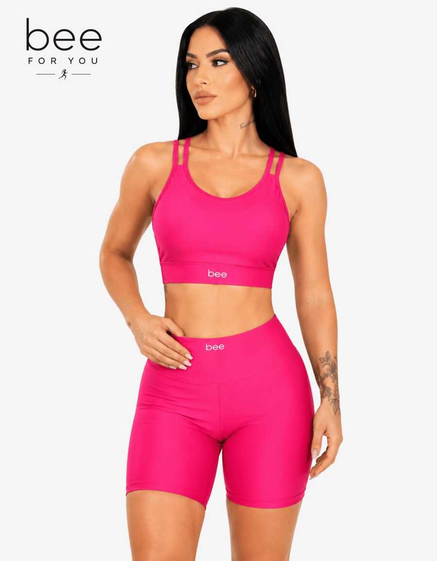 Bee Fitness Set, Workout Top With Padded Cups, High Waist, Gym, Zero Transparency - Rosa Fucsia - Ver 1