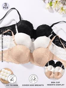 3pcs Women's Fashion Floral Lace Underwire Bras, Push-Up Thick Padded Side Support, Comfortable T-Shirt Bra, Adjustable Spaghetti Strap, Suitable For Daily Autumn Wear - Multicolor - View 3