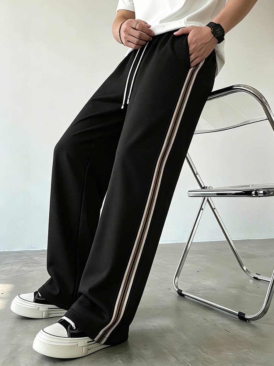 Men's Summer Knitted Long Pants With Contrast Color Side Design, Casual Straight Leg Sports Pants For Daily Wear And Commuting - Black - View 1