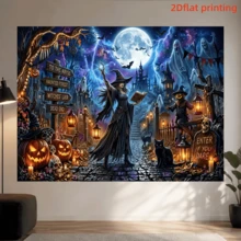 1 قطعة قماش خلفية هالوين بتصميم 2D مسطح مع قمر كامل وقلعة وكتاب سحر ساحرة وفانوس يقطين وشبح وفزاعة وقطة سوداء وبرق وغابة، من ألياف البوليستر، مناسبة لحفلات موضوع هالوين، تصوير بورتريه بأسلوب الساحرة السحرية، عرض نافذة المتجر، ديكور جداري داخلي/خارجي، خلفية صور لأجواء العطلات - A - مشاهدة 2
