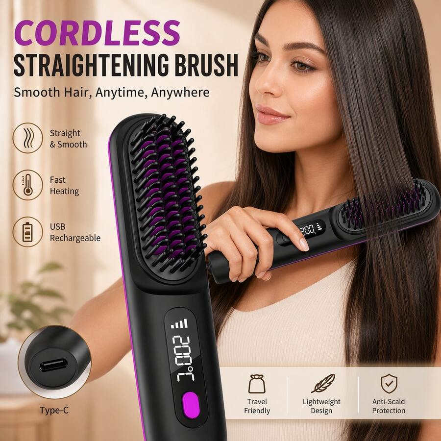 Cordless Hair Straightener Brush, Rapid Heating, Hot Comb Hair Straightener For Women, Lightweight, Type-C Charging Port, Anti-Scald, Lightweight, USB Rechargeable