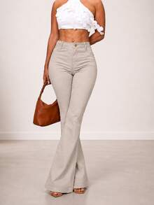 Light Gray Flare Pants High-Waisted Women's Lycra Bootcut Trousers Butt-Lifting Comfortable Versatile Casual Elegant Country - 淺灰色 - 查看 3