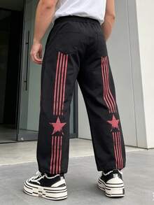 Men's Long Pants Outdoor Casual Letter Wide Leg Casual Pants Men's Clothing Pants Autumn/Winter Loose Pants Waist Drawstring Design Casual Black Pants Men's Cargo Pants - Black - View 2
