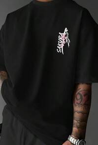 Men's Round Neck T-Shirt With Samurai Sword And Tokyo Cherry Blossom Theme| Short Sleeves, Japanese Ink Style, Standard Cut, Polyester Fabric - Black - View 1