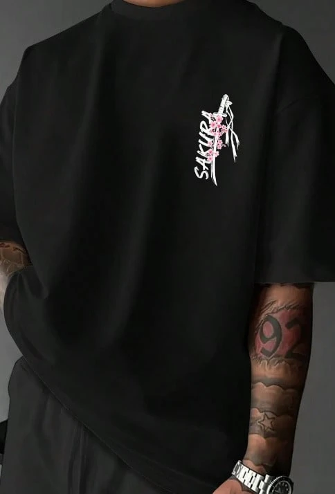 Men's Round Neck T-Shirt With Samurai Sword And Tokyo Cherry Blossom Theme| Short Sleeves, Japanese Ink Style, Standard Cut, Polyester Fabric - Black - View 1