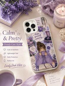 1PC Lavender Purple Watercolor Cozy Girl Reading White Cat Phone Case Compatible With Iphone 17 16 15 14 13 12 11 Pro Max, Positive Self Care Inspirational Quotes Floral Record Player Book Candle Shockproof Soft Phone Shell - Beige - View 3