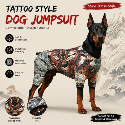 Dog Tattoo Pattern All-In-One Pet Bodysuit, Fully Elastic Anti-Shedding Pet Jumpsuit, Dragon & Chrysanthemum Print Plus Size For Doberman, All-Season Cat & Dog Outfit | Dog Tattoo Set, Elastic Pet Clothes 1pc