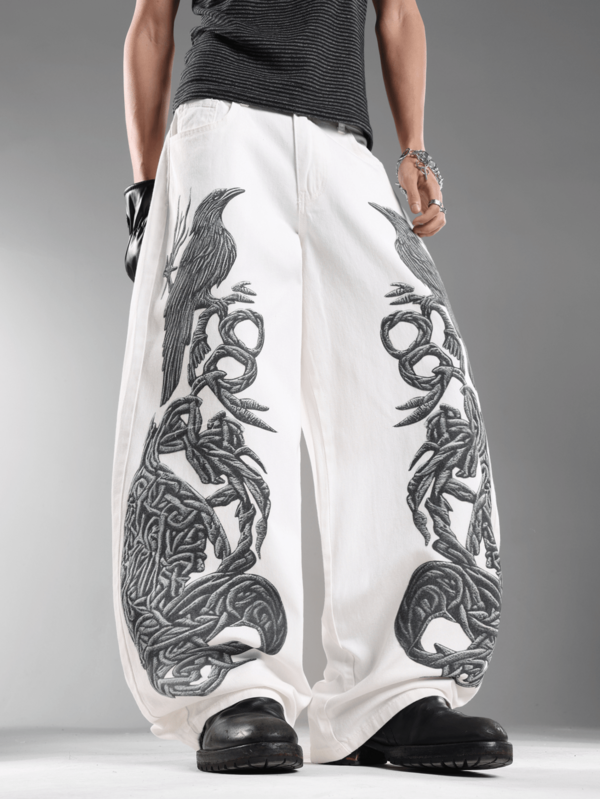 American-Style Men's White Printed Jeans, Wide-Leg Pants With Unique Patterns, All-Match Casual Comfort Long Trousers (No Belt & Accessories)