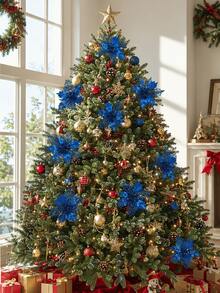 16/8/1pc Artificial Glitter Christmas Flower Decoration Set, Blue Artificial Christmas Flower Decor, Artificial Christmas Tree Decoration, DIY Christmas Wreath, Christmas Party, Christmas Tree Decoration, Suitable For Wreath Decoration, Wedding - Blue Hollow Flower - View 9