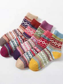 5pairs/1pair Women's Warm Mid-Calf Socks, Vintage Thick Knit Socks - Multicolor - View 3