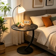 C-förmiger runder Sofa-Beistelltisch – Platzsparender kompakter Couchtisch mit gebogenem C-förmigem Sockel, minimalistischer zeitgenössischer Nachttisch, geeignet für Wohnzimmer, Schlafzimmer, kleine Räume, einfache Montage - Schwarz - Übersicht 9