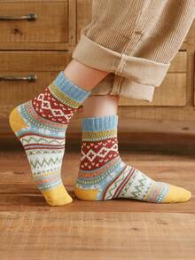 5pairs/1pair Women's Warm Mid-Calf Socks, Vintage Thick Knit Socks - Multicolor - View 5
