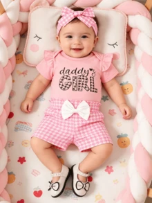 3pcs/Set, Baby Girl, Soft & Comfortable, Casual Cute Elegant, "Daddy's Little Princess" Letter Slogan Ruffle Short Sleeve Bodysuit And Bow Decor Houndstooth Shorts And Headband, Baby Girl Clothing, Infant Clothing, Newborn Baby Girl Clothing, Girl Clothing Set, Suitable For Daily, Party, Vacation, Outdoor Activities - Pink - View 6