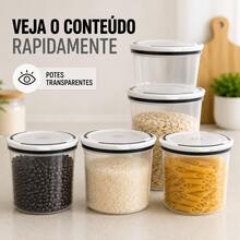Kit 5 Potes Herméticos Plástico Transparente Tampa Branca Para Mantimentos Cozinha Jogo 5 Potes Para Mantimentos Herméticos Transparente Despensa Organizada Cozinha Casa Kit Potes Plásticos Empilháveis Com Tampa Hermética Para Grãos Cereais E Farinhas Casa - Visão 4
