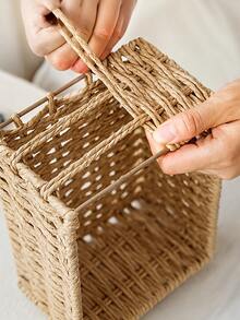 1pc/3pcs Premium Handmade Woven Paper Rope Rattan Storage Basket, Large Capacity Home Organization Box, Minimalist Space-Saving Design, Desktop Storage Box, Suitable For Cosmetics, Jewelry, Keys, Snacks, Books, Bedroom Living Room Decor - Khaki - View 5